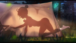  absurdres ahoge bag barefoot blurry blurry_foreground breasts chair doomykiwi english_text female fireflies forest from_side full_body grass highres honkai:_star_rail honkai_(series) implied_nudity lynx_landau medium_breasts nature night night_sky nipples open_mouth see-through_silhouette shadow short_hair signature silhouette sky solo tent toes 