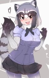  absurdres animal_ears black_bow black_bowtie black_hair black_skirt bodystocking bow bowtie breast_pocket breasts brown_eyes common_raccoon_(kemono_friends) cowboy_shot extra_ears female fur_collar grey_hair hair_between_eyes hands_up heart highres kemono_friends large_breasts looking_at_viewer medium_bangs medium_hair miniskirt motion_lines multicolored_hair oerba_yun_fang open_mouth pleated_skirt pocket raccoon_ears raccoon_girl raccoon_tail red_bow sani shirt short_sleeves skirt smile solo tail tail_wagging taut_clothes taut_shirt white_hair 