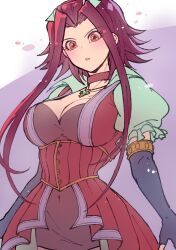  black_gloves breasts brown_eyes cleavage collarbone cowboy_shot dress female fingerless_gloves gloves highres izayoi_aki jewelry large_breasts looking_at_viewer medium_hair pendant purple_background red_dress red_hair simple_background solo youko-shima yu-gi-oh! yu-gi-oh!_5d&#039;s 