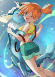  ;d ass blush commentary_request cropped_shirt female fufunoko green_eyes green_shorts hands_up happy kasumi_(pokemon) kneepits one_eye_closed open_mouth orange_hair pokemon pokemon_(anime) pokemon_(classic_anime) pokemon_(creature) shirt shorts side_ponytail smile suspenders suspenders_slip vaporeon yellow_shirt 