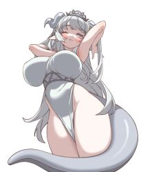  ;3 absurdres armpits arms_up blush breasts dress elomil female from_below grey_eyes grey_hair highres horns long_hair looking_at_viewer one_eye_closed oppai_loli original pelvic_curtain pointy_ears simple_background solo standing tail thighs tiara white_background white_dress 