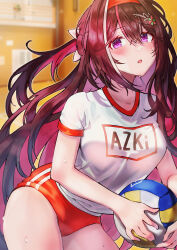  absurdres azki_(hololive) black_hair blush breasts buruma colored_inner_hair cruzango0510 female gym gym_uniform headband highres hololive large_breasts long_hair medium_breasts mole mole_under_eye multicolored_hair name_tag pink_hair purple_eyes red_headband shirt sweat virtual_youtuber volleyball white_shirt 