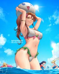  4girls aino_minako arms_up ball beachball bikini bishoujo_senshi_sailor_moon black_hair blonde_hair breasts brown_hair green_eyes highleg highleg_bikini hino_rei holding holding_ball holding_beachball kino_makoto long_hair medium_breasts multiple_girls mystra77 navel outdoors ponytail standing swimsuit tsukino_usagi water web_address 