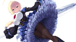  ahoge black_jacket black_pantyhose blazblue blonde_hair blue_eyes blush breasts cait_aron cameltoe center_frills closed_mouth commentary dutch_angle es_(xblaze) feet_out_of_frame female frilled_shirt frills from_below hair_between_eyes highres holding holding_sword holding_weapon huge_ahoge jacket large_breasts looking_at_viewer outstretched_arms panties panties_under_pantyhose pantyhose petticoat shirt short_hair simple_background sleeves_past_fingers sleeves_past_wrists slit_pupils solo standing sword underwear weapon white_background white_shirt wide_sleeves xblaze xblaze_code:_embryo 