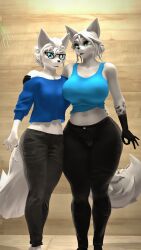  3d_(artwork) abby_(domibun) absurd_res anthro blue_clothing blue_eyes blue_shirt blue_topwear bottomwear canid canine clothing daughter_(lore) denim denim_bottomwear denim_clothing digital_media_(artwork) domibun duo eyewear female fox fur gesture glasses hand_gesture hi_res jeans looking_at_viewer mammal maxine_(domibun) mother_(lore) mother_and_child_(lore) mother_and_daughter_(lore) ok_sign pants parent_(lore) parent_and_child_(lore) parent_and_daughter_(lore) shirt source_filmmaker_(artwork) topwear white_body white_fur 