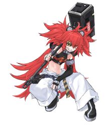  bare_shoulders black_footwear black_gloves black_shirt boots commentary_request crop_top elbow_gloves eyepatch female gloves grin hammer highres holding holding_hammer holding_weapon jo_p koleda_belobog korean_commentary long_hair looking_at_viewer low_twintails midriff pants red_eyes red_hair shirt sleeveless sleeveless_shirt smile solo stomach twintails two_side_up very_long_hair weapon white_pants zenless_zone_zero 