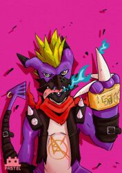  absurd_res anthro bandai_namco bandana belt claws digimon digimon_(species) eyebrow_piercing facial_piercing furgonomics furry-specific_piercing furry_specific_accessory gesture green_eyes green_hair hair hand_gesture hi_res kerchief male mask middle_finger neckerchief pastelmon_art piercing punkmon purple_body scalie shoulder_pads solo spiked_shoulder_pads spikes tongue tongue_out tongue_piercing 