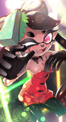  black_gloves breasts callie_(splatoon) cleavage dancing facepaint fangs female gloves halloween_costume highres inkling looking_at_viewer medium_breasts minamidena official_alternate_costume one_eye_closed splatoon_(series) splatoon_3 tentacle_hair 