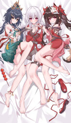  3girls absurdres aichinaigai armpits barefoot blue_hair blush breasts brown_eyes brown_hair chinese_clothes clara_(honkai:_star_rail) coat dango dress eyebrows_hidden_by_hair food fox_mask full_body hair_between_eyes highres honkai:_star_rail honkai_(series) licking_lips looking_at_viewer lying mask mask_on_head multiple_girls nail_polish on_back on_bed pink_eyes red_coat red_dress red_footwear sandals small_breasts sparkle_(honkai:_star_rail) thigh_strap tiara toes tongue tongue_out twintails unworn_sandals wagashi white_hair yunli_(honkai:_star_rail) 