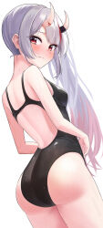  absurdres alternate_costume ass back_cutout black_one-piece_swimsuit blush breasts center-flap_bangs clothing_cutout commentary_request dutch_angle female from_behind gradient_hair grey_hair highres hololive horns kakinotane_e long_hair looking_at_viewer looking_back median_furrow multicolored_hair nakiri_ayame one-piece_swimsuit oni red_eyes red_hair simple_background skin-covered_horns small_breasts solo standing streaked_hair swimsuit virtual_youtuber white_background 