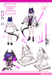  absurdres black_dress black_footwear black_gloves breasts chibi closed_mouth color_guide colored_inner_hair dress ear_piercing female frown full_body gloves hair_intakes half_gloves highres holding holding_sword holding_weapon horns jacket long_sleeves multicolored_hair multiple_views open_clothes open_jacket original piercing pink_eyes pink_hair pointy_ears puffy_long_sleeves puffy_sleeves purple_hair qc6 reference_sheet respirator revealing_clothes scorpion_tail standing streaked_hair sword tail torn_clothes torn_dress triangle twitter_username weapon white_jacket 