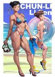  2girls abs absurdres bikini black_hair blush brown_hair chun-li diving_mask double_bun earrings flippers goggles hair_bun high_heels highres inflatable_toy jewelry li-fen looking_at_viewer multiple_girls muscular muscular_female nail_polish sandals shoes smile sneakers street_fighter street_fighter_6 string_bikini swimsuit yagi_(joe731842) 