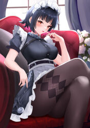  absurdres apron black_hair black_pantyhose black_shirt blush breasts cg_xiao_baishu chains chinese_commentary choker commentary couch crossed_legs curtains curvy ellen_joe eyelashes feet_out_of_frame female flower frilled_apron frilled_skirt frills hand_up highres indoors large_breasts looking_at_viewer maid maid_apron maid_headdress metal_hairband on_couch open_mouth pantyhose puffy_short_sleeves puffy_sleeves red_eyes rose shirt short_hair short_sleeves shy sitting skirt solo spiked_choker spiked_headband spikes thighs tsurime variant_set white_apron white_flower white_rose window zenless_zone_zero 