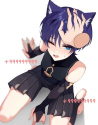  1boy 1other absurdres alternate_eye_color androgynous anger_vein animal_ears barefoot between_legs bishounen black_bridal_gauntlets black_socks blue_eyes blurry blush bridal_gauntlets bright_pupils cat_boy cat_ears chobonu depth_of_field disembodied_hand from_above furrowed_brow gameplay_mechanics genshin_impact hakama hakama_shorts hand_between_legs hand_in_another&#039;s_hair hand_on_floor hand_rest highres japanese_clothes kemonomimi_mode kneeling knees_out_of_frame male_focus no_headwear no_jacket one_eye_closed open_mouth ruffling_hair scaramouche_(genshin_impact) shadow shirt short_hair short_shorts shorts simple_background sleeveless sleeveless_shirt socks solo solo_focus third-party_source toeless_legwear wanderer_(genshin_impact) white_background white_pupils 