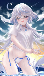  @_@ absurdres ahoge alternate_costume bikini blue_eyes blue_hair blue_nails blush breasts cloud cloudy_sky contrapposto drop-shaped_pupils dusk female floating_hair furina_(genshin_impact) genshin_impact gradient_sky hair_between_eyes head_tilt heart heart_print heterochromia highres light_blue_hair light_blush long_hair looking_at_viewer midriff_peek multicolored_hair navel ocean open_mouth outdoors rinmel9 shirt sidelocks sky small_breasts solo spaghetti_strap standing standing_on_liquid star_(sky) starry_sky swimsuit symbol-shaped_pupils teeth two-tone_hair upper_teeth_only very_long_hair wardrobe_malfunction wavy_hair wet white_bikini white_hair white_shirt 