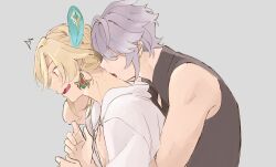  2boys alhaitham_(genshin_impact) animal_ears biting black_shirt blonde_hair chestnut_mouth closed_eyes commentary efu_(33omusubi) feather_hair_ornament feathers genshin_impact grey_background grey_hair hair_ornament hood hoodie hug hug_from_behind kaveh_(genshin_impact) male_focus multiple_boys neck_biting open_mouth red_eyes shirt short_hair simple_background sleeveless sleeveless_shirt surprised upper_body white_hoodie yaoi 