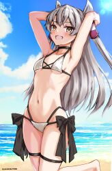  amatsukaze_(kancolle) arms_behind_head beach bikini black_choker blue_sky breasts brown_eyes choker cloud cowboy_shot cross-laced_bikini cross-laced_clothes day female grey_hair hair_tubes highres horizon kantai_collection long_hair mizuki_(uzuki_no_sato) multi-strapped_bikini_bottom ocean outdoors side-tie_bikini_bottom sky small_breasts smile solo standing standing_on_one_leg swimsuit two_side_up white_bikini 