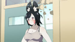  :3 absurdres animal_ear_fluff animal_ears black_ears black_hair blurry blurry_background blush breasts cleavage closed_mouth collarbone doorway english_commentary female glasses highres indie_virtual_youtuber kisa_niya large_breasts marking_on_cheek medium_hair meme nokotan_entering_a_classroom_(meme) open_door polka_dot red_eyes scene_reference shikanoko_nokonoko_koshitantan sliding_doors solo split_mouth tomatomagica upper_body 