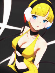  absurdres ai-assisted bare_arms black_choker black_pantyhose blonde_hair blue_eyes blunt_bangs breasts choker cleavage collarbone dress elesa_(pokemon) female goromochan headphones highres large_breasts low_neckline midriff navel pantyhose pokemon pokemon_bw short_dress short_hair sleeveless sleeveless_dress solo yellow_dress 