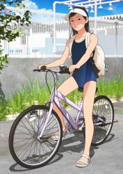  absurdres backpack bag bicycle black_eyes black_hair blue_one-piece_swimsuit charm_(object) day female flat_chest grass hair_ornament hairclip hat highres legs mole mole_under_eye one-piece_swimsuit original outdoors parted_lips riding riding_bicycle road sandals school_swimsuit shadow shinchou_ni_kansuru_kousatsu solo swimsuit toes visor_cap white_footwear white_hat 