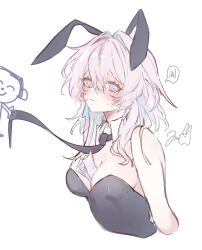  1boy absurdres alternate_costume animal_ears bare_shoulders black_leotard black_necktie blue_archive blush breasts cleavage cropped_torso crossover doodle_sensei_(blue_archive) fake_animal_ears female highleg highleg_leotard highres holding_necktie honkai:_star_rail honkai_(series) leotard march_7th_(honkai:_star_rail) medium_breasts medium_hair miss_itata necktie object_on_breast pink_hair playboy_bunny rabbit_ears sensei_(blue_archive) simple_background two-tone_eyes white_background 