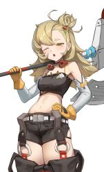  absurdres blonde_hair blush breasts cowboy_shot detached_pants detached_sleeves female gloves goggles goggles_around_neck hair_bun hand_on_own_hip highres holding holding_weapon linea_alba long_hair looking_at_viewer midriff muhae_(dcnh8882) navel one_eye_closed open_mouth piper_wheel simple_background small_breasts solo tearing_up thighs weapon white_background yellow_gloves zenless_zone_zero 