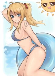  ahoge arm_up bare_shoulders bikini blonde_hair blue_bikini blue_eyes blush breasts english_commentary feet_out_of_frame female heart highres innertube large_breasts looking_at_viewer metroid mole mole_under_mouth ponytail purrlucii samus_aran sidelocks smile solo sun swim_ring swimsuit thighs 