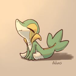  1:1 2024 3_fingers advos ambiguous_gender anthro closed_eyes countershade_torso countershading fingers front_view generation_5_pokemon green_body green_tail nintendo on_ground pokemon pokemon_(species) simple_background sitting sitting_on_ground snivy solo tail 