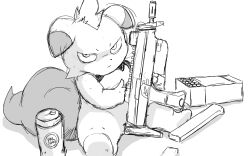  ambiguous_gender ammunition anthro beverage beverage_can coffee depresso english_text greyscale grumpy gun holding_gun holding_object holding_ranged_weapon holding_weapon looking_at_viewer magazine_(gun) monochrome nude pal_(species) palworld pocketpair ranged_weapon sitting solo submachine_gun text uzi weapon winick-lim 