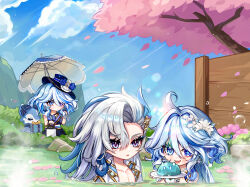  1boy 2girls blue_hat cherry_blossoms falling_petals feather_hair_ornament feathers focalors_(genshin_impact) furina_(genshin_impact) genshin_impact hair_ornament hat highres long_hair multicolored_hair multiple_girls neuvillette_(genshin_impact) onsen outdoors parasol parted_bangs parted_lips petals short_hair streaked_hair surintendante_chevalmarin umbrella very_long_hair veryslow_zzzpin wavy_hair white_hair 