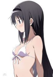  akemi_homura bikini black_hair black_hairband blush breasts closed_mouth collarbone commentary female from_side front-tie_bikini_top front-tie_top hairband halterneck highres long_hair looking_ahead mahou_shoujo_madoka_magica nagare_(flow) navel purple_eyes simple_background small_breasts solo strap_gap swimsuit twitter_username upper_body white_background white_bikini 