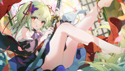  :o ankle_bell bare_legs bare_shoulders barefoot bell black_kimono blunt_bangs blunt_ends blurry blurry_background blush breasts butterfly_hair_ornament commentary coria criss-cross_halter eyes_visible_through_hair falling_petals feet feet_up female floating_clothes floating_hair foot_out_of_frame green_hair hair_ornament hair_ribbon halterneck hands_up highres hime_cut holding holding_sword holding_weapon japanese_clothes jingle_bell katana kimono knees_together_feet_apart long_hair long_ribbon long_sleeves looking_at_viewer murasame_(senren) open_mouth petals red_eyes red_ribbon ribbon senren_banka short_kimono sitting small_breasts solo sword symbol-only_commentary thighs toenails toes two_side_up very_long_hair weapon wide_sleeves 