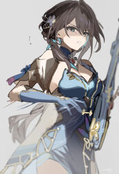  bare_shoulders black_hair blue_dress blue_gloves breasts cleavage clothing_cutout commentary_request cowboy_shot dress female gloves grey_eyes highres honkai:_star_rail honkai_(series) long_hair looking_at_viewer medium_breasts rizu033 ruan_mei_(honkai:_star_rail) shoulder_cutout sidelocks solo standing strapless strapless_dress 