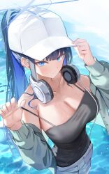  black_hair blue_archive blue_eyes blue_hair blue_halo breasts cleavage collarbone female green_jacket halo hat headphones headphones_around_neck highres jacket large_breasts long_hair looking_at_viewer multicolored_hair official_alternate_costume open_clothes open_jacket ponytail saori_(blue_archive) saori_(swimsuit)_(blue_archive) shuvi_(shuvi1125) two-tone_hair white_hat 