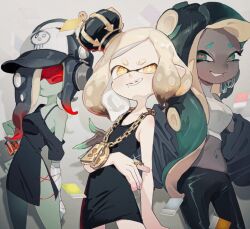  3girls aqua_eyes aqua_hair asymmetrical_hair bandaged_arm bandages black_crown_(object) black_dress black_pants blonde_hair blue_hair blue_jacket bracelet breasts bright_pupils cephalopod_eyes chain_necklace chains closed_mouth color_chip_(splatoon) colored_skin commentary cowboy_shot crop_top cross-laced_slit crown dark-skinned_male dark_skin dedf1sh dress expressionless film_grain furrowed_brow glint gradient_hair green_skin grin hair_over_one_eye hand_on_own_hip horizontal_pupils inkling jacket jewelry long_hair marina_(splatoon) medium_hair midriff mini_crown mole mole_under_mouth multicolored_hair multiple_girls navel_piercing necklace octoling off-shoulder_dress off_shoulder open_clothes open_jacket pants pearl_(splatoon) piercing red-tinted_eyewear red_hair red_pupils ring sanitized_(splatoon) shima_(5p6p7p) shirt side_slit single_bare_shoulder smile splatoon_(series) splatoon_3 splatoon_3:_side_order star-shaped_pupils star_(symbol) suction_cups sunglasses symbol-only_commentary symbol-shaped_pupils tentacle_hair tilted_headwear tinted_eyewear two-tone_hair white_pupils white_shirt yellow_eyes 