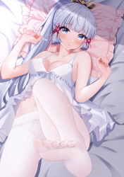  :t absurdres babydoll bare_arms bed_sheet blue_eyes blue_hair blunt_bangs blunt_ends blush breasts cg_xiao_baishu chinese_commentary cleavage closed_mouth collarbone commentary convenient_leg dutch_angle eyelashes eyes_visible_through_hair feet female foot_out_of_frame foot_up foreshortening frilled_panties frilled_pillow frills genshin_impact hair_ribbon hands_up head_on_pillow highres impossible_clothes kamisato_ayaka light_blue_hair long_hair looking_at_viewer lying medium_breasts no_shoes on_back on_bed panties panties_under_pantyhose pantyhose pillow pink_pillow ponytail pout raised_eyebrows red_ribbon ribbon shy sidelocks soles solo spaghetti_strap straight_hair toenails toes tress_ribbon underwear very_long_hair w_arms white_babydoll white_pantyhose 