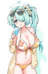  bare_shoulders bikini blue_archive blue_eyes blue_hair blush breasts brown-framed_eyewear brown_jacket cleavage collarbone commentary_request eyewear_on_head female floral_print flower food front-tie_top hair_flower hair_ornament hair_over_one_eye hairclip halo hiyori_(blue_archive) hiyori_(swimsuit)_(blue_archive) holding holding_food jacket large_breasts long_hair long_sleeves off_shoulder open_clothes open_jacket orange_bikini parted_lips popsicle print_bikini puffy_long_sleeves puffy_sleeves rumiya9i side_ponytail sleeves_past_wrists solo sunglasses sweat swimsuit very_long_hair wavy_mouth white_bikini white_flower x_hair_ornament 