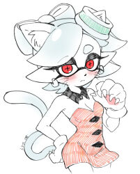  animal_ears animal_hands animal_nose breasts cat_ears cat_tail cleavage facepaint female furrification furry furry_female gloves halloween_costume hand_on_own_hip highres inkling looking_at_viewer marie_(splatoon) minamidena mole mole_under_eye object_on_head official_alternate_costume paw_gloves small_breasts solo splatoon_(series) splatoon_3 tail tentacle_hair 