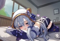  absurdres animal_hood blue_eyes blue_sky bodysuit cat_hood cream_bread detached_sleeves female hair_between_eyes heart highres honkai_(series) honkai_impact_3rd hood indoors long_hair looking_at_viewer lying meme on_bed on_stomach portrait_(object) purple_bodysuit purple_thighhighs sky solo teri_derp_(meme) theresa_apocalypse theresa_apocalypse_(schicksal&#039;s_imperative) thighhighs thighs tongue tongue_out white_hood window zettai_ryouiki 