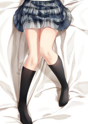  artist_name bed_sheet black_socks blue_skirt female from_above haneru highres kneehighs knees_together_feet_apart lower_body no_shoes original plaid_clothes plaid_skirt shiny_skin skirt socks solo 