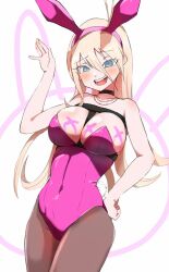  :d alternate_costume animal_ears antenna_hair bababaeki00 barbed_wire black_choker blonde_hair blush breasts brown_pantyhose choker covered_navel cowboy_shot danganronpa_(series) danganronpa_v3:_killing_harmony fake_animal_ears fake_tail female hair_between_eyes iruma_miu large_breasts leotard long_hair pantyhose pink_leotard playboy_bunny rabbit_ears rabbit_tail smile solo tail teeth tongue white_background 