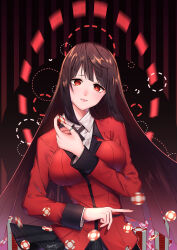  absurdres black_hair blazer blunt_bangs breasts female highres hime_cut holding_poker_chip hyakkaou_academy_school_uniform jabami_yumeko jacket kakegurui large_breasts long_hair looking_at_viewer mokarinsu poker_chip red_eyes red_jacket red_suit school_uniform shirt skirt smile solo suit suit_jacket thumb_ring very_long_hair white_shirt 