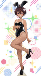  \m/ absurdres ahoge animal_ears arm_under_breasts bare_arms bare_shoulders black_footwear black_leotard breasts brown_hair clenched_teeth collarbone dark-skinned_female dark_skin fake_animal_ears female fishnet_pantyhose fishnets full_body hair_ornament high_heels highleg highleg_leotard highres legs leotard make_heroine_ga_oo_sugiru! mashiroshiro pantyhose playboy_bunny purple_eyes rabbit_ears rabbit_hair_ornament shoes short_hair small_breasts smile solo standing standing_on_one_leg strapless strapless_leotard tan tanlines teeth thighs yakishio_remon 