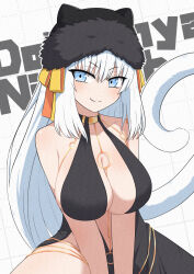  animal_ears bare_shoulders bb_dubai_(fate) bb_dubai_(fate)_(cosplay) belly_chain black_dress black_hat blue_eyes blush breasts cat_ears cat_girl cat_tail center_opening cleavage cosplay dobrynya_nikitich_(fate) dobrynya_nikitich_(swimsuit_lancer)_(fate) dobrynya_nikitich_(swimsuit_lancer)_(first_ascension)_(fate) dress drill_bulbul fate/grand_order fate_(series) female fur-trimmed_headwear fur_trim hair_ribbon hat jewelry large_breasts long_hair looking_at_viewer navel ribbon side_slit smile solo tail white_hair yellow_ribbon 