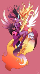  2girls animification aqua_eyes boots colored_skin crying dark_persona daydream_shimmer dress eye_contact full_body highres horns horse_girl horse_tail kolshica looking_at_another magical_girl medium_hair midnight_sparkle multicolored_hair multiple_girls my_little_pony my_little_pony:_equestria_girls my_little_pony:_friendship_is_magic orange_skin pink_dress purple_dress purple_eyes purple_hair purple_skin red_background red_hair sci-twi signature simple_background single_horn smile streaked_hair sunset_shimmer sunset_shimmer_(human) tail tears twilight_sparkle_(mlp) unicorn_girl wings yuri 