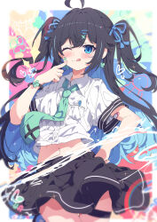  absurdres ahoge aqua_bow aqua_bowtie black_hair black_skirt blue_eyes blue_hair bow bowtie bracelet collared_shirt colored_inner_hair female hairbow hand_on_own_hip heart_sticker highres hua-huahua jewelry multicolored_background multicolored_hair navel one_eye_closed original shirt skirt smile sticker_on_face thigh_strap tongue tongue_out twintails white_shirt 