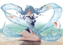  absurdres ahoge bare_legs barefoot beach blue_bow blue_bowtie blue_eyes blue_hair blue_one-piece_swimsuit blue_sailor_collar blush bottle_miku bow bowtie breasts commentary competition_school_swimsuit cropped_shirt crossed_bangs feet female fish goldfish hair_between_eyes hair_ribbon hatsune_miku highres liquid_hair long_hair looking_at_viewer medium_breasts ocean one-piece_swimsuit parted_lips ribbon sailor_collar school_swimsuit school_uniform seiza seoki_(hi3031) shirt shore short_sleeves sitting solo swimsuit teeth toes twintails very_long_hair vocaloid water water_drop wet wet_clothes wet_swimsuit white_shirt 