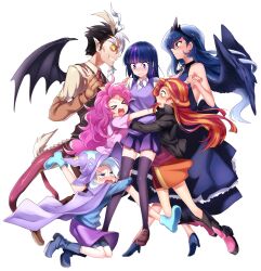  1boy 5girls :d alternate_skin_color aqua_eyes bad_id bad_tumblr_id bat_wings bisexual_female blonde_hair blue_dress blue_hair blunt_bangs blush boots breasts cape clinging closed_eyes collared_shirt colored_sclera crown curly_hair discord_(my_little_pony) dragon_tail dress feathered_wings flustered grin harem hat highres holding_hands horns hug jacket leather leather_jacket long_hair multicolored_hair multiple_girls my_little_pony my_little_pony:_equestria_girls my_little_pony:_friendship_is_magic open_mouth personification pink_hair pinkie_pie_(mlp) pointy_ears princess_luna_(mlp) purple_cape purple_eyes purple_hair purple_hat purple_skirt purple_sweater_vest re_ghotion red_hair shirt sideboob simple_background skirt smile streaked_hair sunset_shimmer sunset_shimmer_(human) sweater_vest tail thighhighs trixie_lulamoon twilight_sparkle_(mlp) very_long_hair white_background white_shirt wings wizard_hat yellow_sclera zettai_ryouiki 