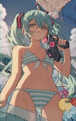  39 aqua_bikini aqua_eyes aqua_hair aqua_nails bikini breasts closed_mouth cloud cup drinking_glass drinking_straw expressionless female food fruit hair_ornament hatsune_miku highres holding lemon lemon_slice long_hair looking_at_viewer navel palm_leaf small_breasts solo striped_bikini striped_clothes swimsuit tomoja_rs twintails vocaloid water_gun wet 