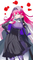  :o absurdres adjusting_eyewear baobhan_sith_(fate) baobhan_sith_(swimsuit_pretender)_(fate) baobhan_sith_(swimsuit_pretender)_(second_ascension)_(fate) black_nails black_skirt breasts capelet detached_sleeves earrings fate/grand_order fate_(series) female flower grey_capelet grey_eyes hand_on_eyewear hand_on_own_hip highres jewelry just_we light_blush long_hair looking_back open_mouth pink_hair pointy_ears purple_shirt red_flower shirt sidelocks skirt solo white_background 